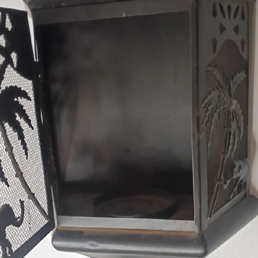Wall Candle Holder Decorative Metal Lantern with Palm & Elephant Motif Black